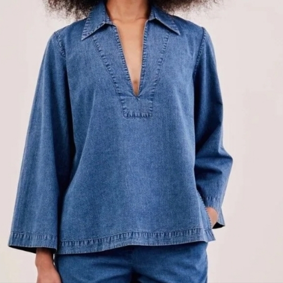 NILI LOTAN PAULETTE CHAMBRAY VINTAGE DENIM BLOUSE - Picture 4 of 8